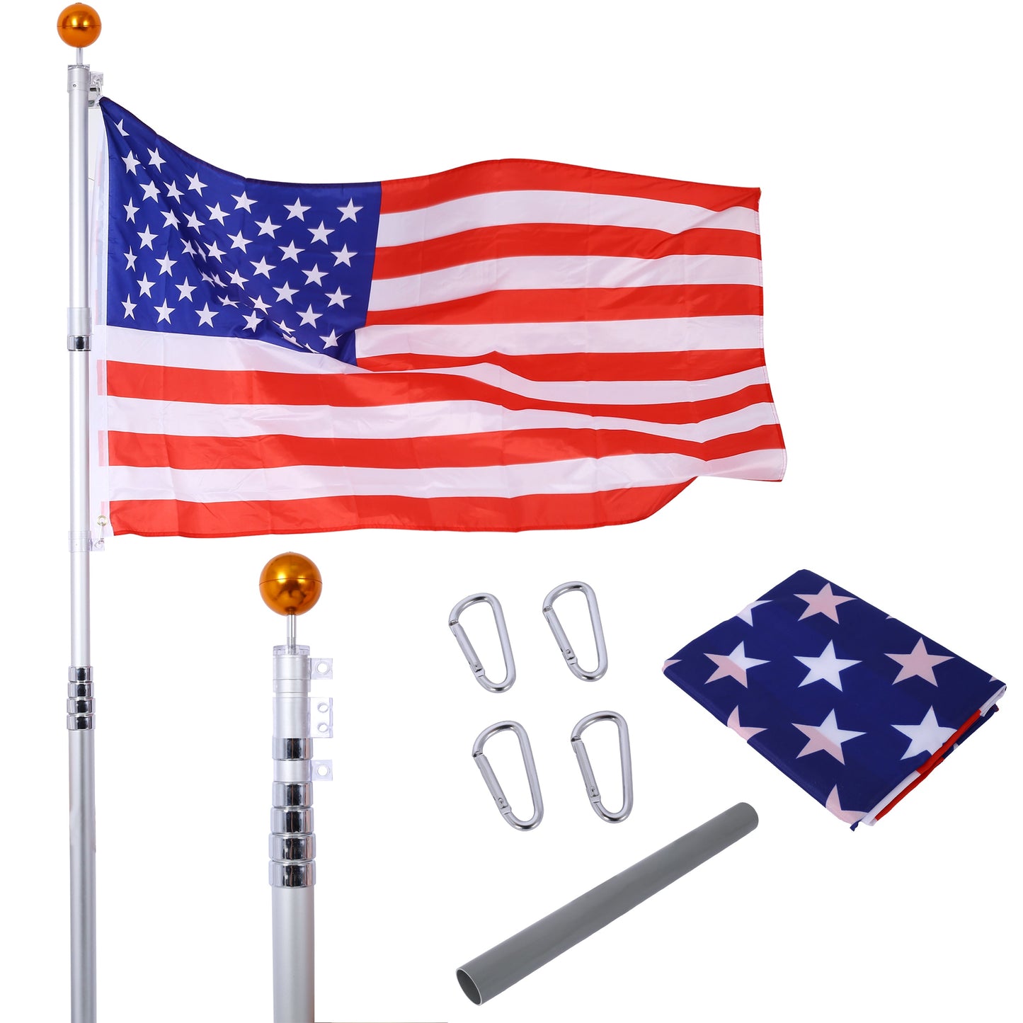 25FT segmented flagpole kit, ultra thick heavy-duty aluminum flagpole with top ball outdoor embedded flagpole - Korvel