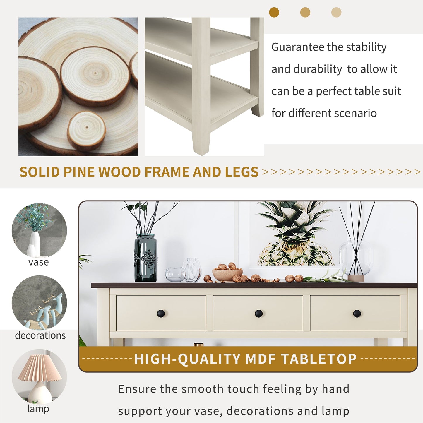 Table Console Rétro avec Étagères Ouvertes - Espresso et Beige