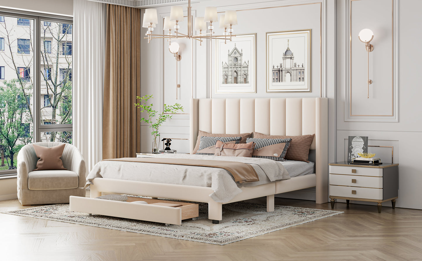Queen Size Storage Bed Velvet Upholstered Platform Bed with a Big Drawer - Beige - Korvel