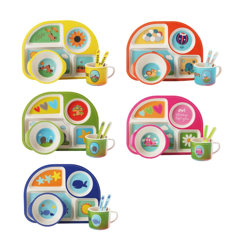 5pcs/set Baby Dinnerware Bamboo Fiber Children Tableware Set Plate Dishes Bowl With Spoon Cartoon Feeding Set Food Container - Korvel
