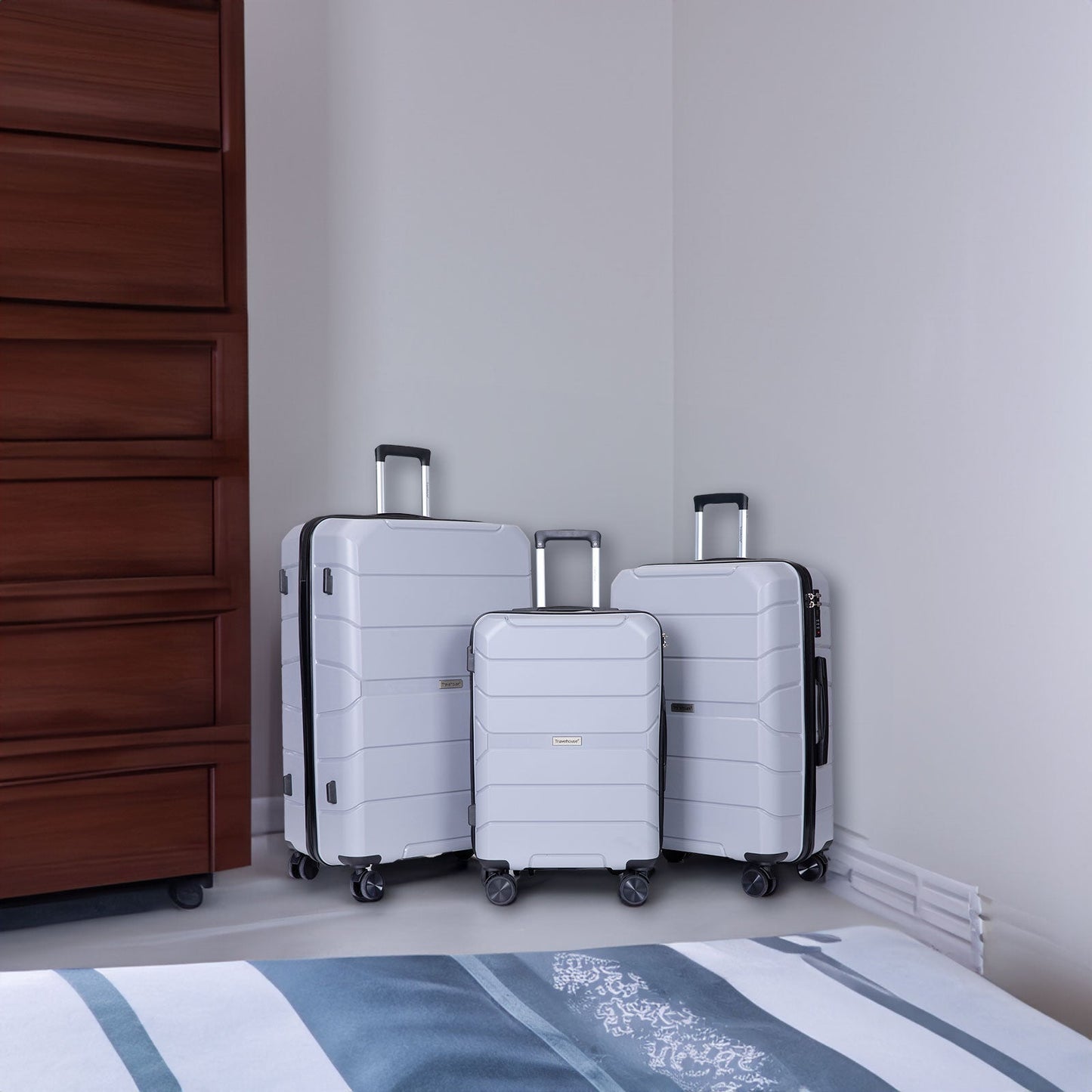 Hardshell Suitcase Spinner Wheels PP Luggage Sets Lightweight Suitcase with TSA Lock,3-Piece Set (20/24/28) ,Silver - Korvel