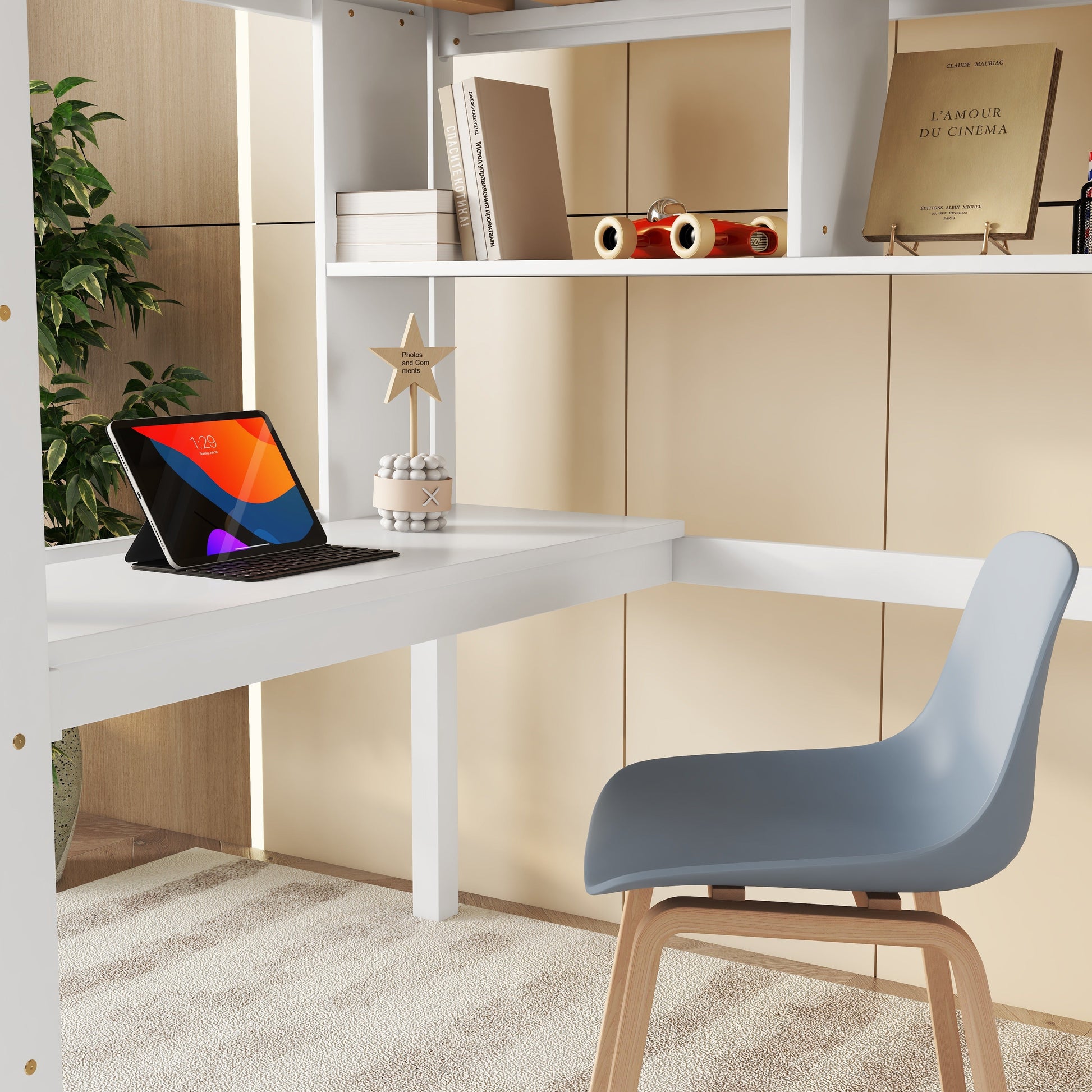 Twin Loft Bed with built-in desk and bookcase of three compartments, Guardrails and Ladder,White - Korvel