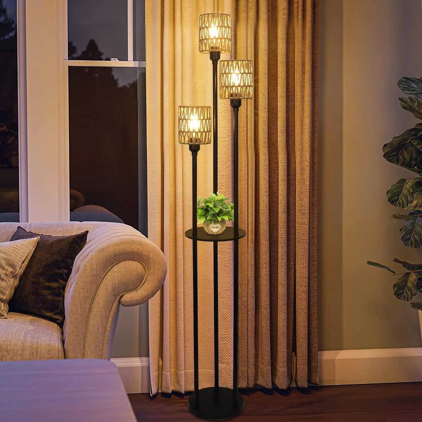 Boho Floor Lamp with Shelves 3-Lights Farmhouse Tall Floor Lamp with ON/OFF Foot Switch Rustic Standing Lamp with Rattan Shades - Korvel