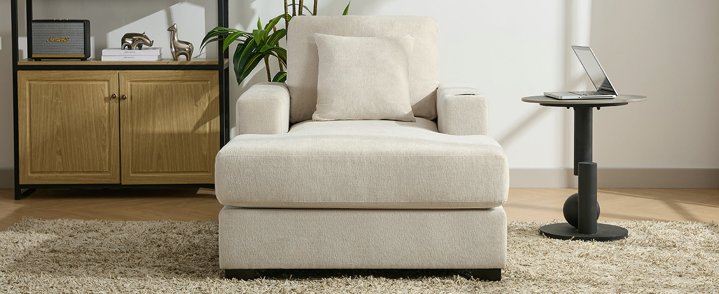 39.7" Oversized Chaise Lounger Modern Style Sofa Couch ,with Pillows, Charge Station & Cup Holders, Chenille Fabric, Cream - Korvel