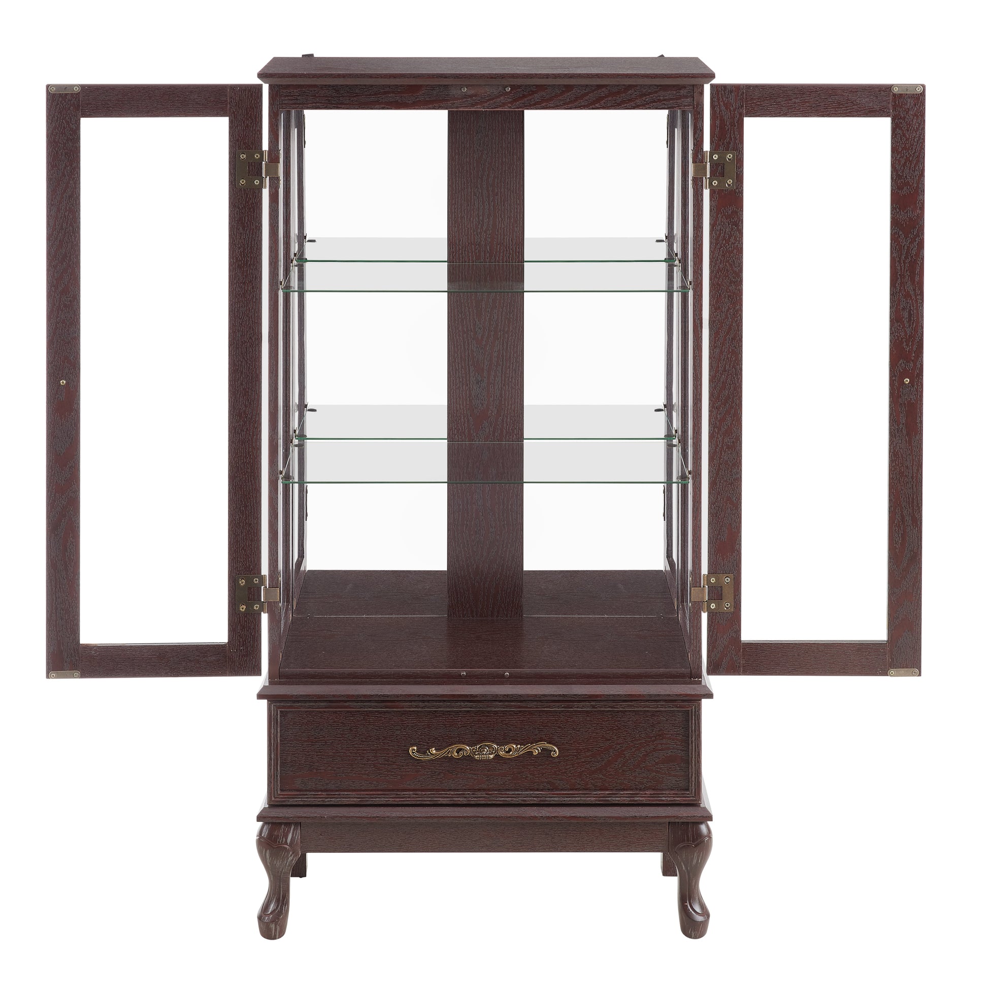 Curio cabinet lighting glass cabinet with adjustable glass frame, 2 doors and 1 drawer with light bulb, dark cherry color - Korvel