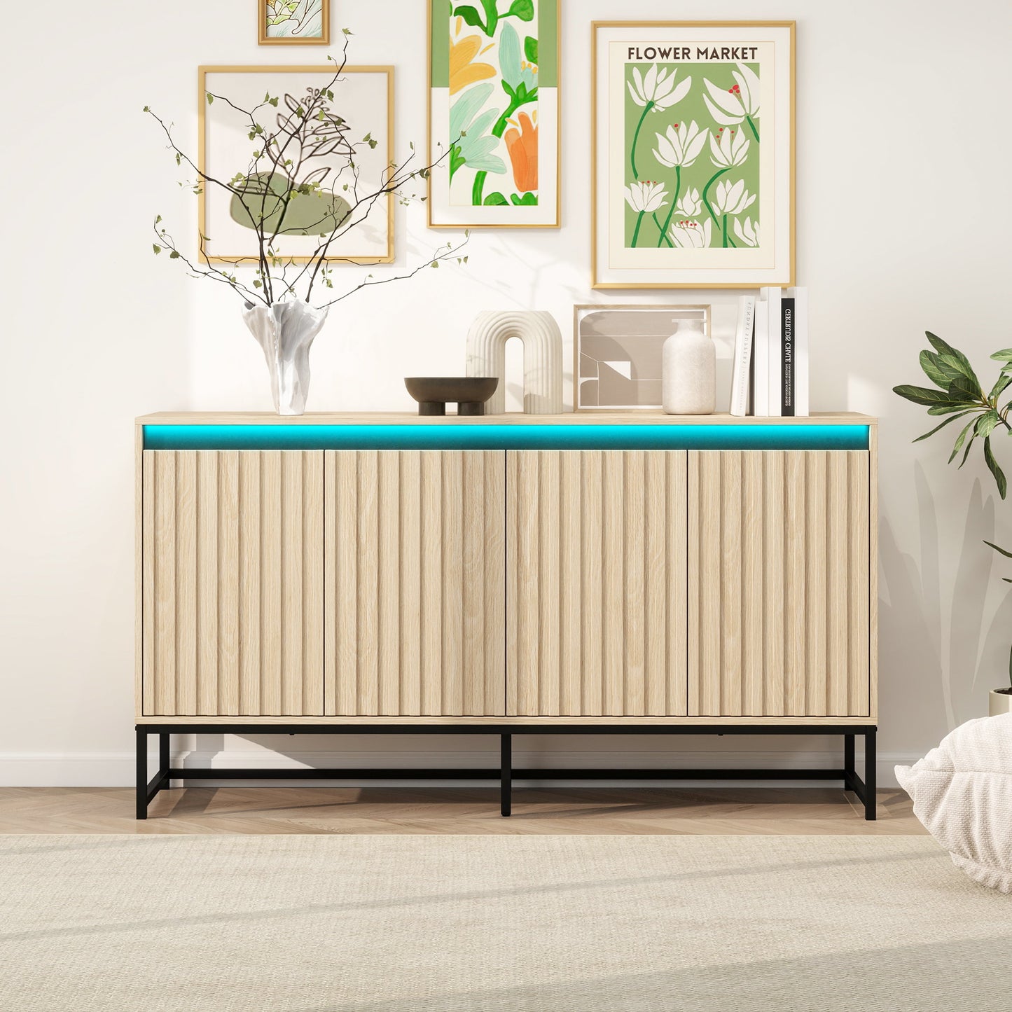 Engraved 4-door side panel with LED, self-service cabinet storage cabinet, modern coffee bar cabinet with adjustable shelves - Korvel