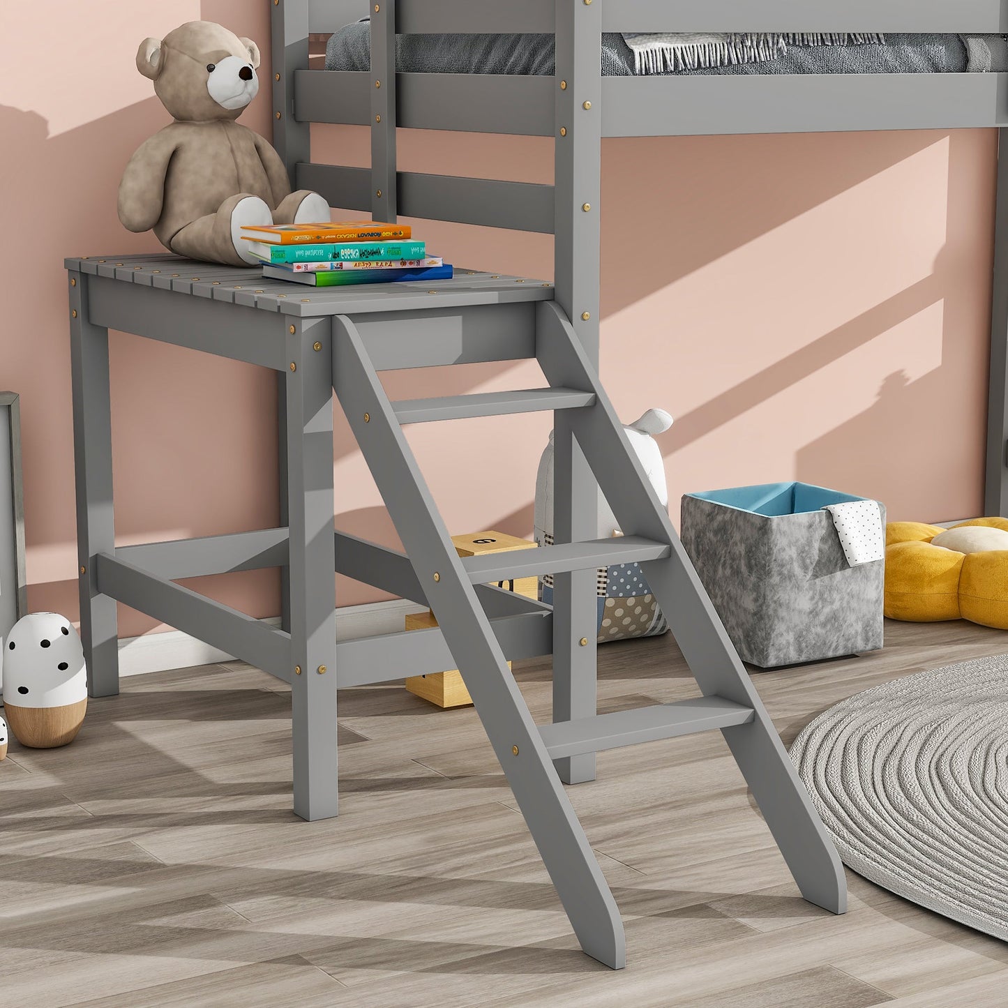 Premium Twin Loft Bed with Platform and Ladder in Grey
