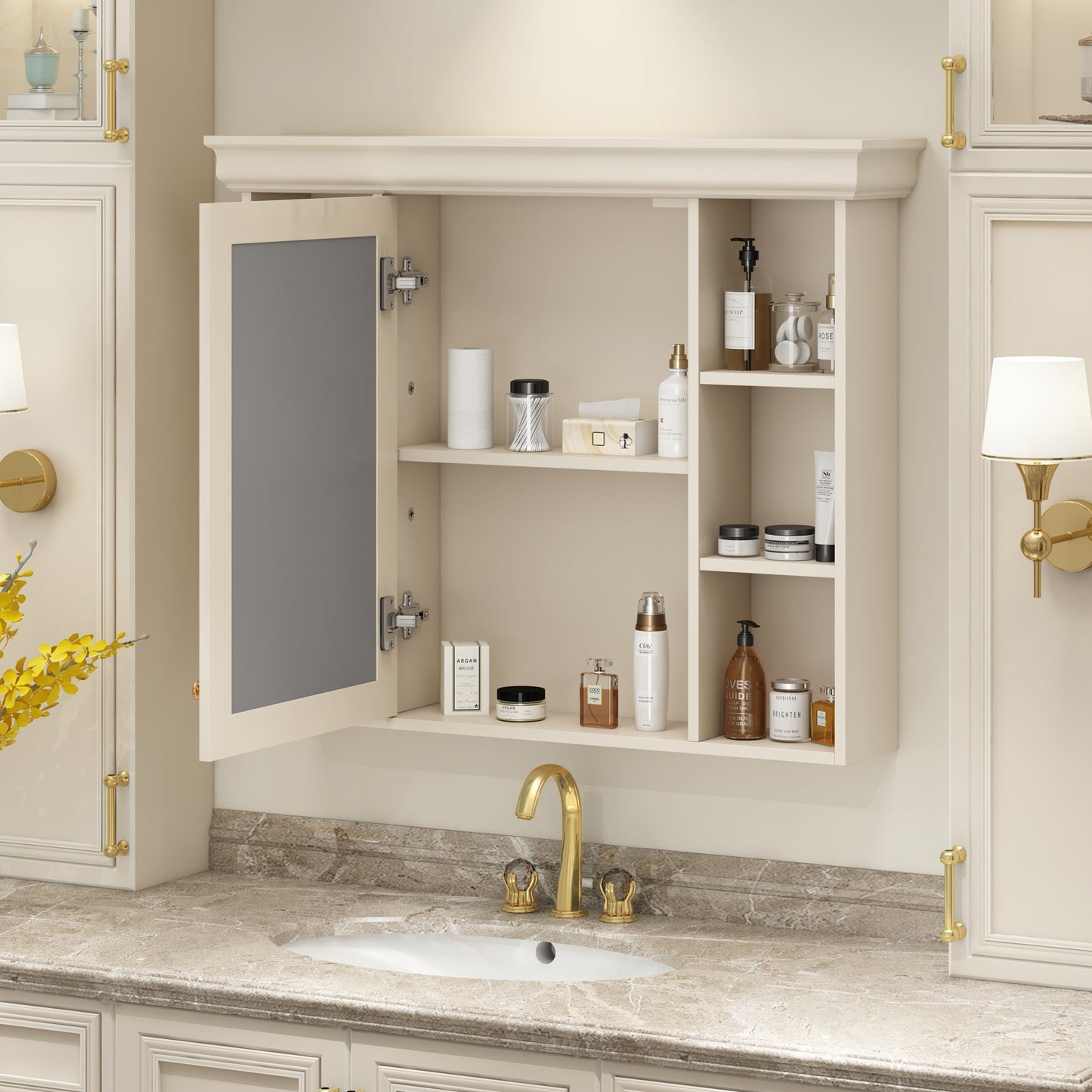 35'' x 28'' Blue Wall Mounted Bathroom Storage Cabinet with Mirror Door, Modern Bathroom Wall Cabinet with Mirror - Korvel
