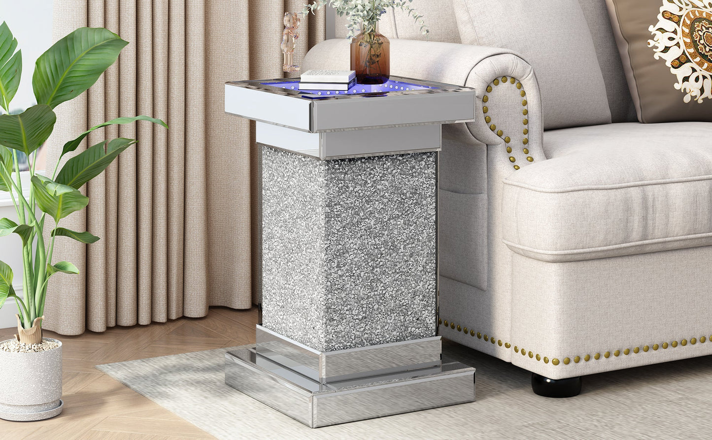 U-Can 11.8-Inch Silver Square Mirror Coffee Table with LED Lights