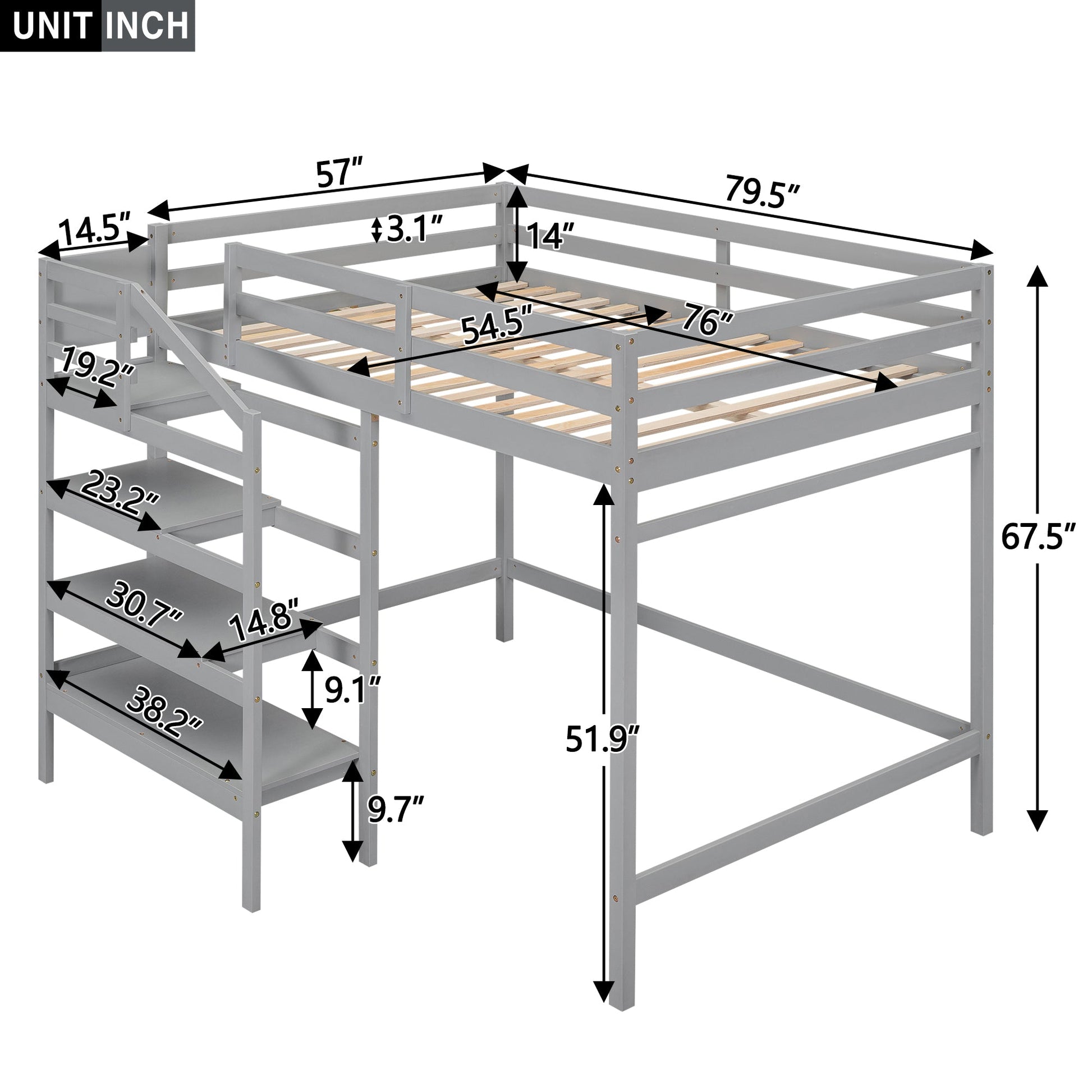 Full Size Loft Bed with Built-in Storage Staircase and Hanger for Clothes, Gray - Korvel