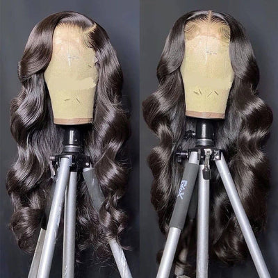 Long Body Wave Black Wig Synthetic Wigs for Black Women Middle Part Brown Cosplay Hairs - Korvel