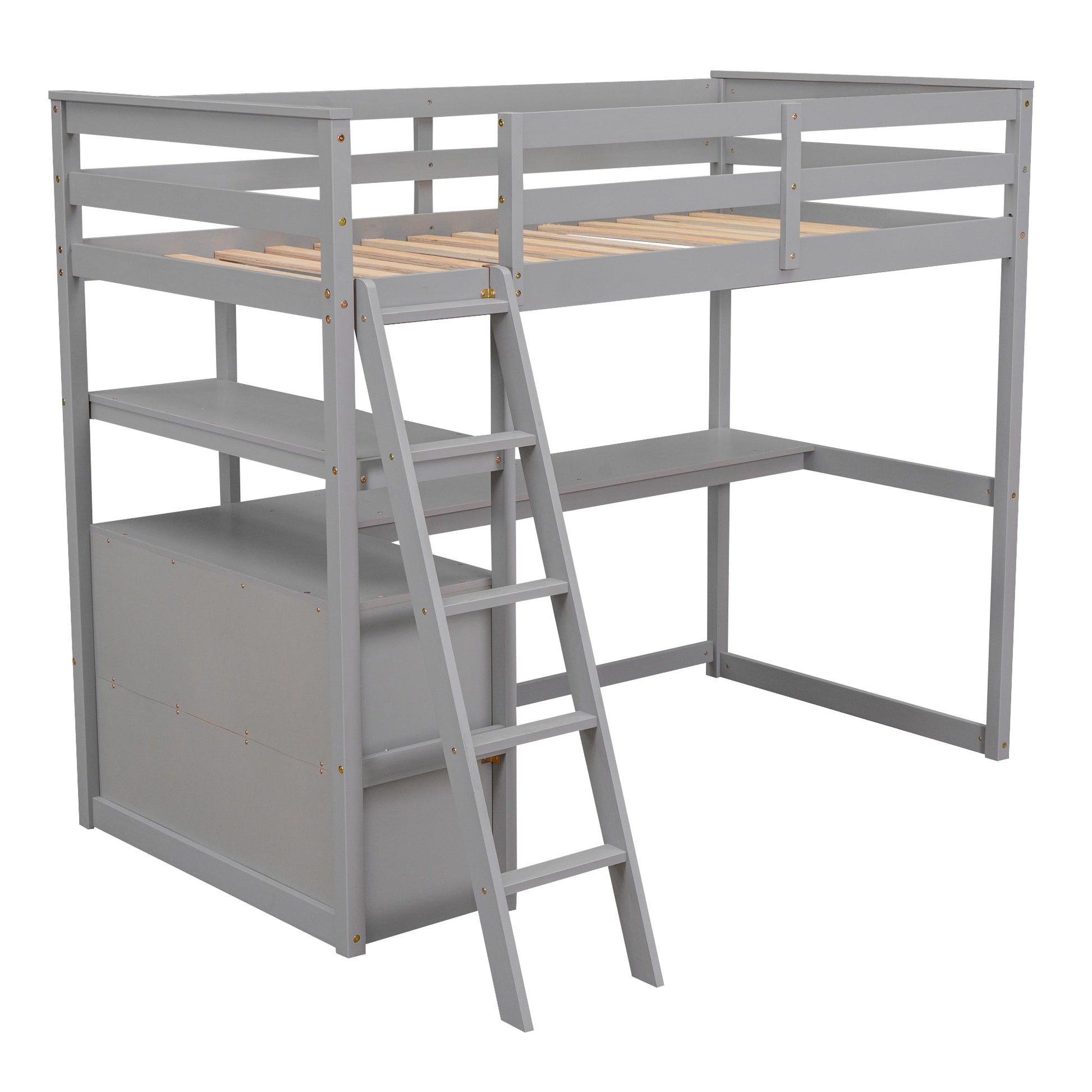 Twin Size Loft Bed with Desk and Shelves, Two Built-in Drawers, Gray - Korvel