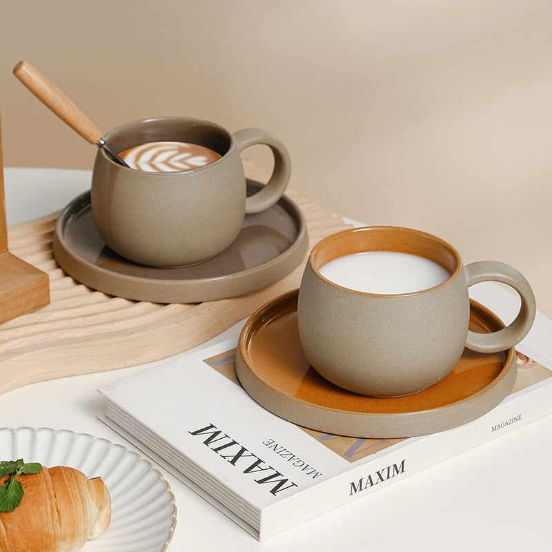 Coffee mug set ceramic retro stoneware Japanese mug and saucer combination - Korvel