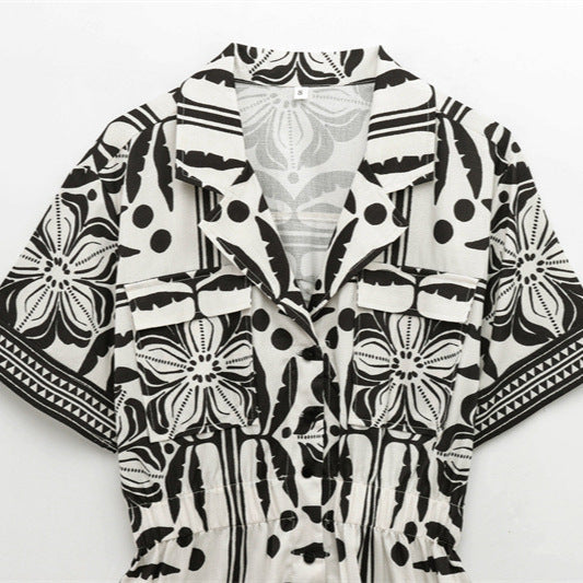 Versatile woven Cuban collar jumpsuit shorts - Korvel