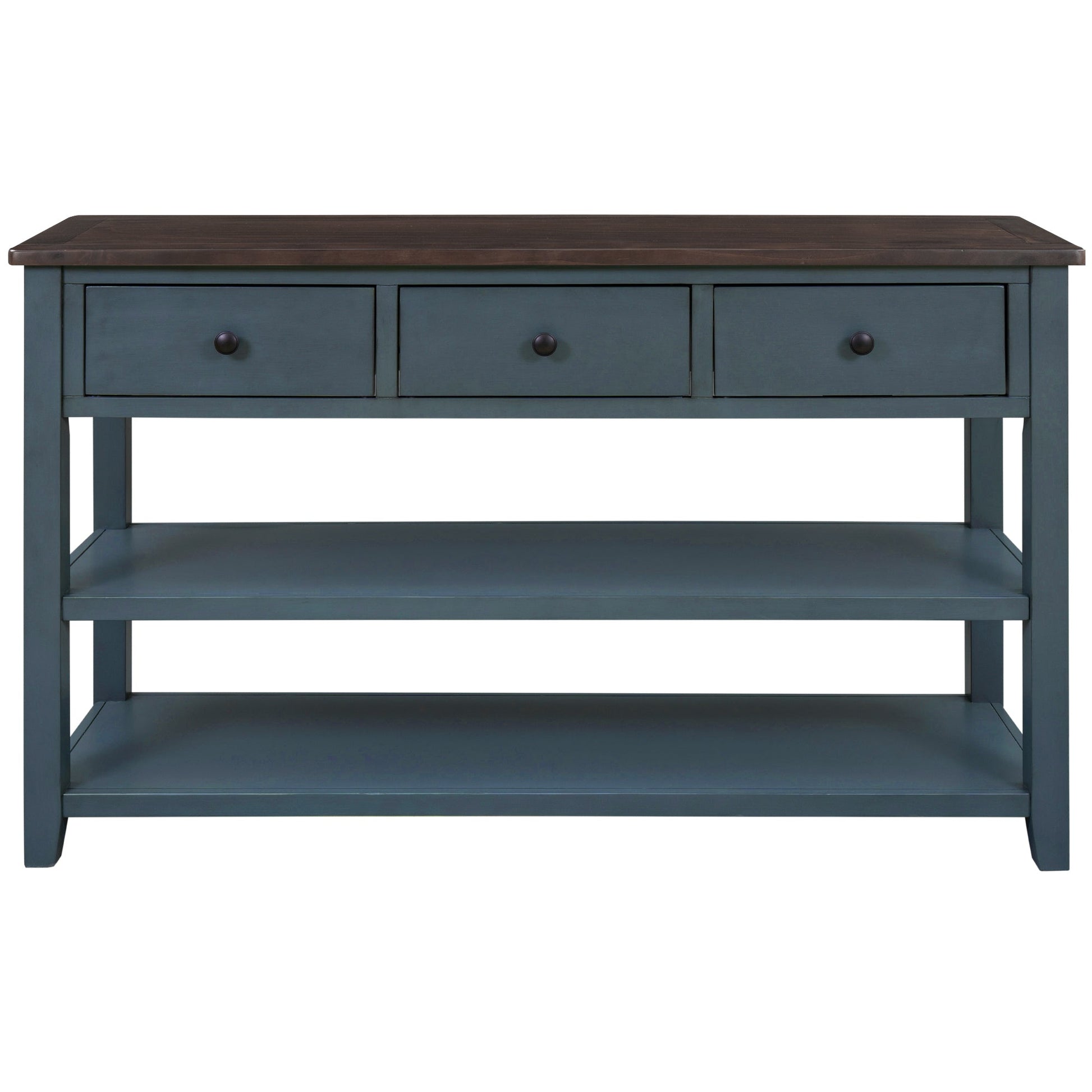 Retro Design Console Table with Two Open Shelves, Pine Solid Wood Frame and Legs for Living Room (Navy) - Korvel