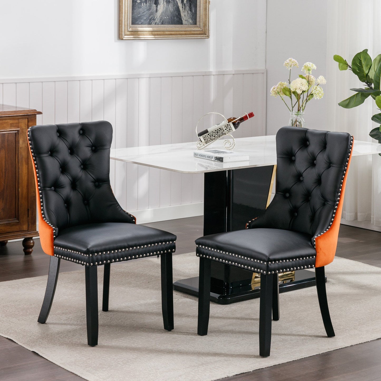 Tufted Solid Wood Contemporary PU and Velvet Upholstered Dining Chair with Wood Legs Nailhead Trim 2-Pcs Set Black+Orange - Korvel