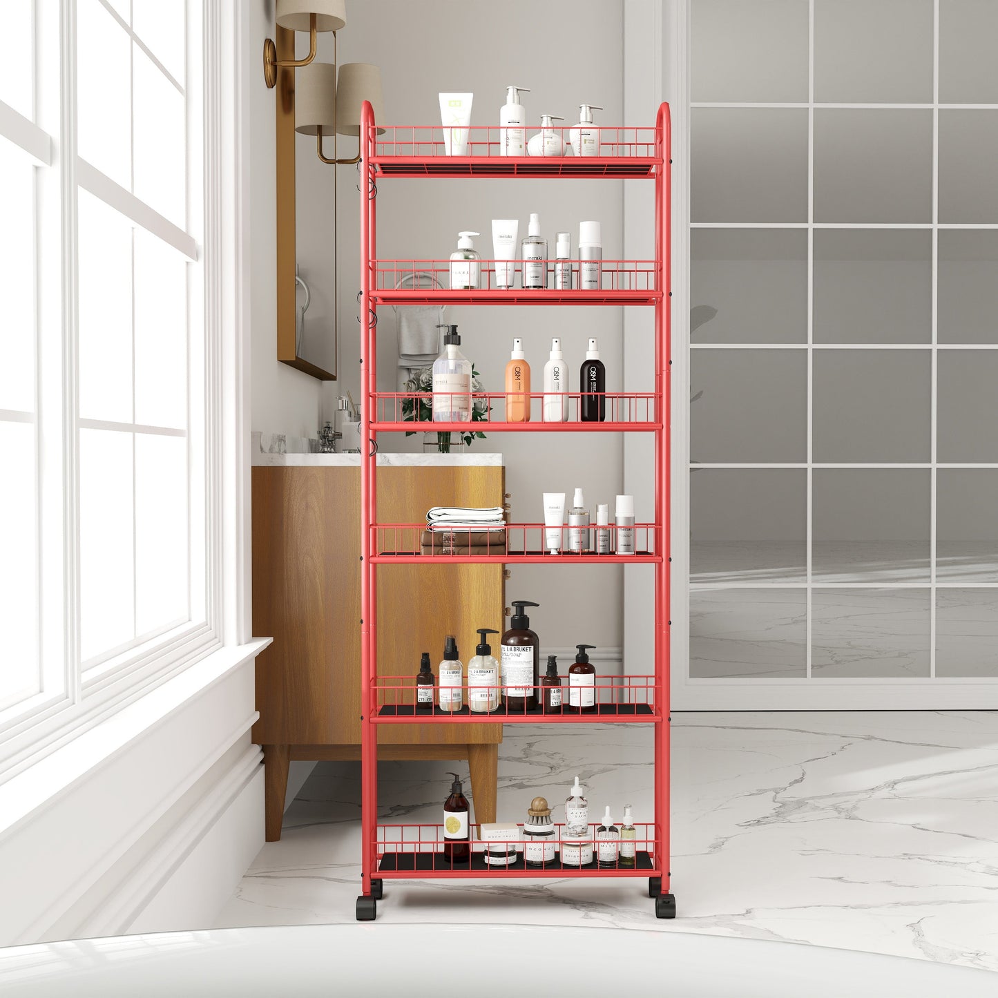 Red 6-story rolling cart gap kitchen ultra-thin sliding out storage tower shelf with wheels, 6 baskets - Korvel