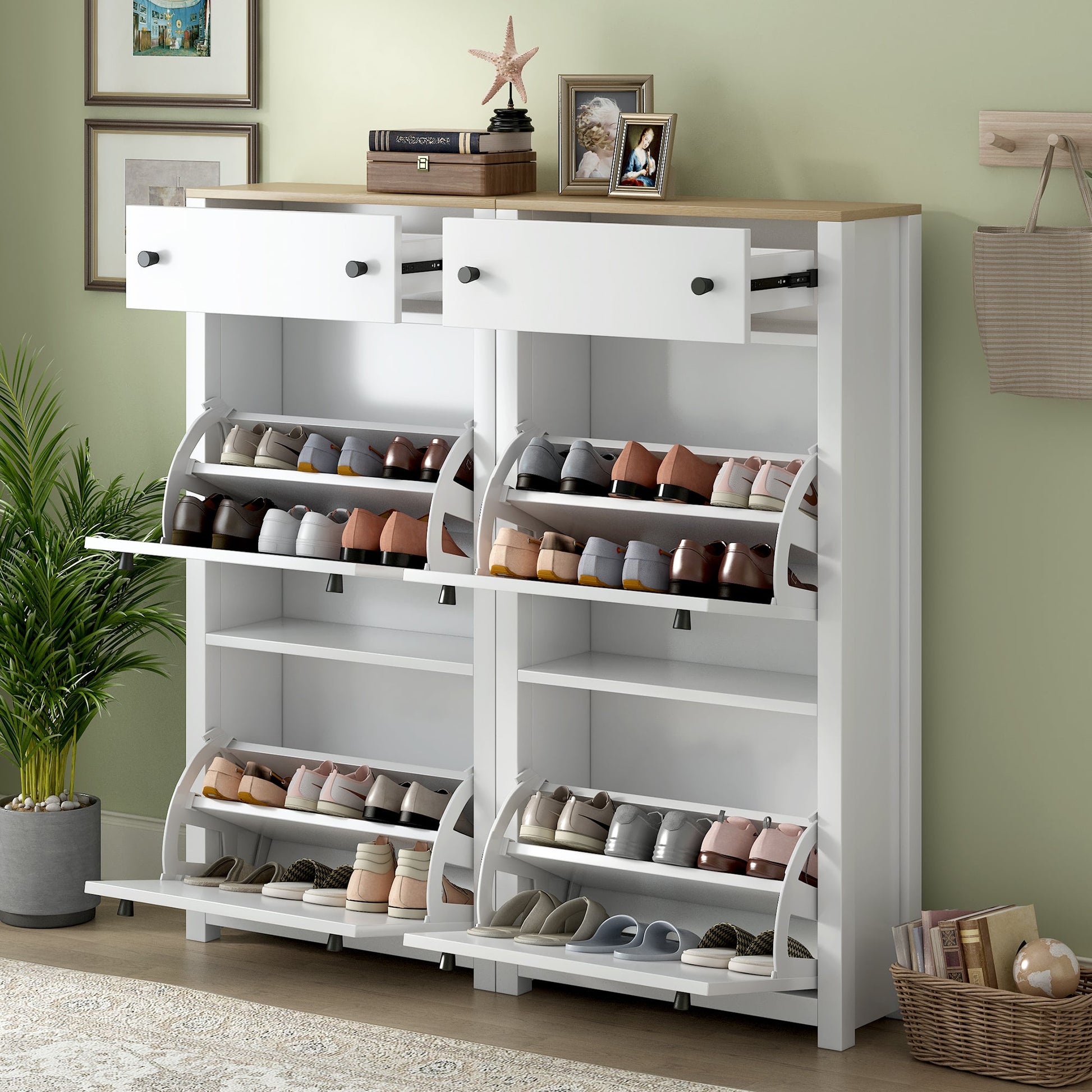 ONTREND ultra-thin shoe cabinet set with 4 flip drawers and adjustable panel top shoe rack, white - Korvel