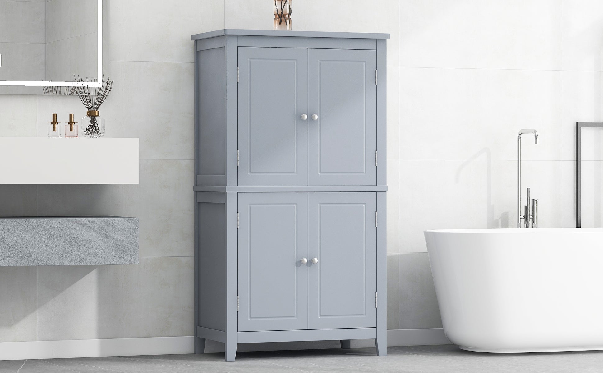 Bathroom floor storage cabinet, bathroom storage cabinet, 4-door independent cabinet, adjustable shelf, adaptive shelf, gray - Korvel