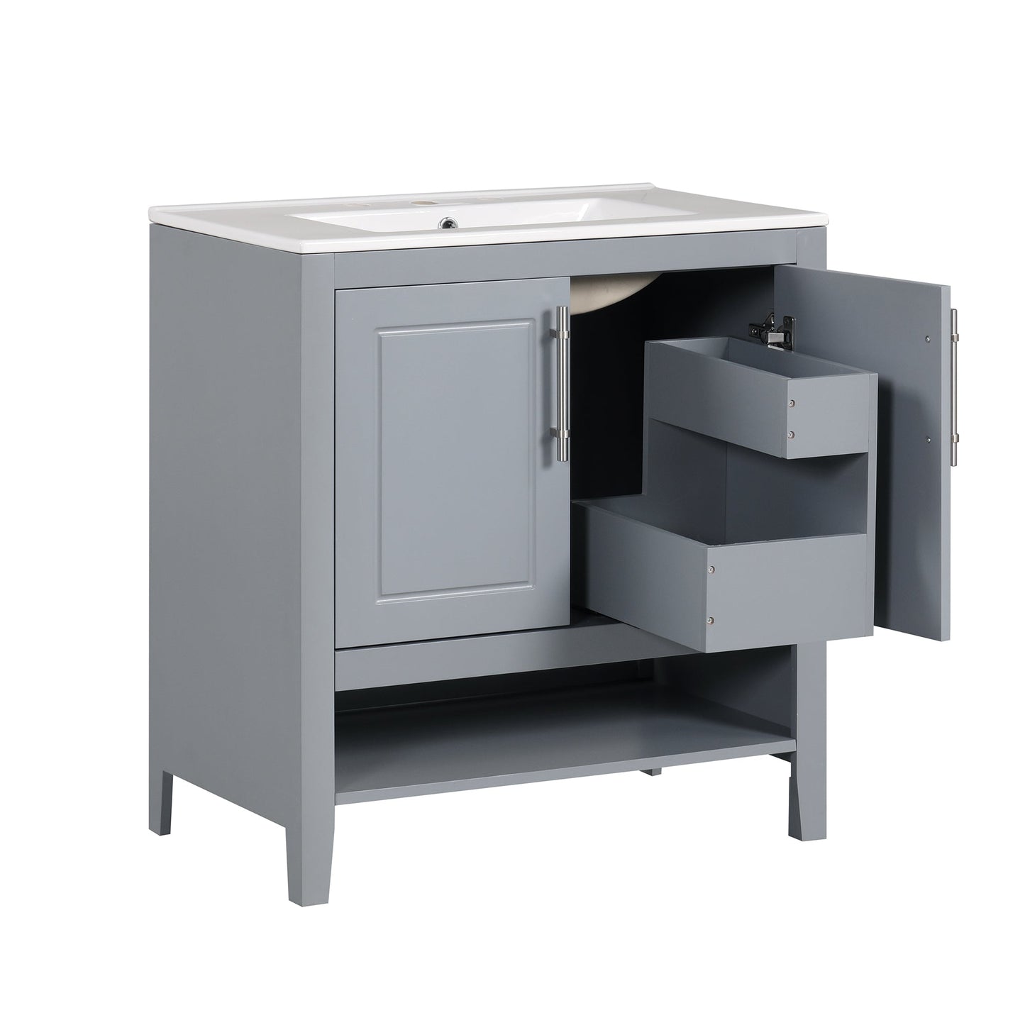 30" Bathroom Vanity with Sink, Multi-functional Bathroom Cabinet with Doors and Drawers, Solid Frame and MDF Board, Grey - Korvel