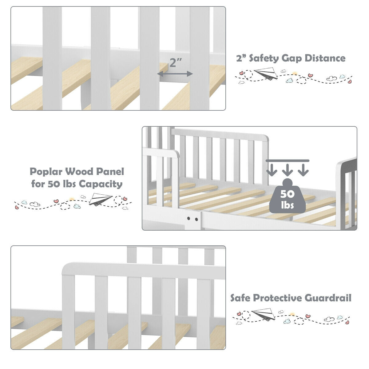 Classic Wood Toddler Bed Frame with Safety Guardrails - White