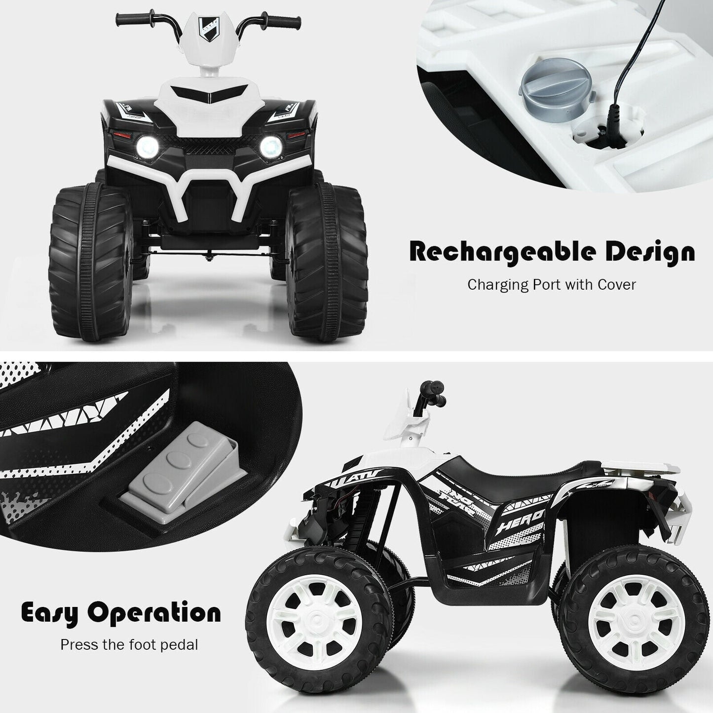 12V Kids Ride-On ATV with LED Lights - White