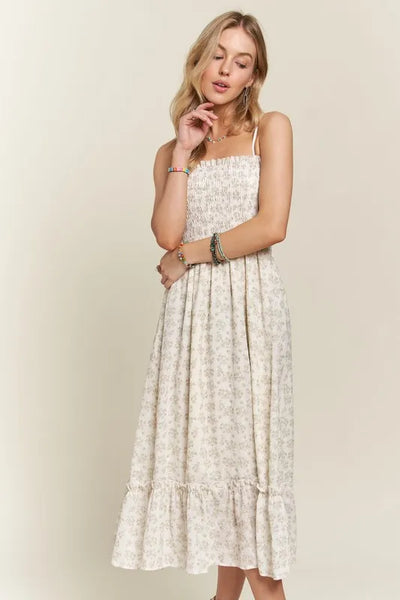 Boho-Inspired Smocked Floral Ruffled Hem Cami Dress