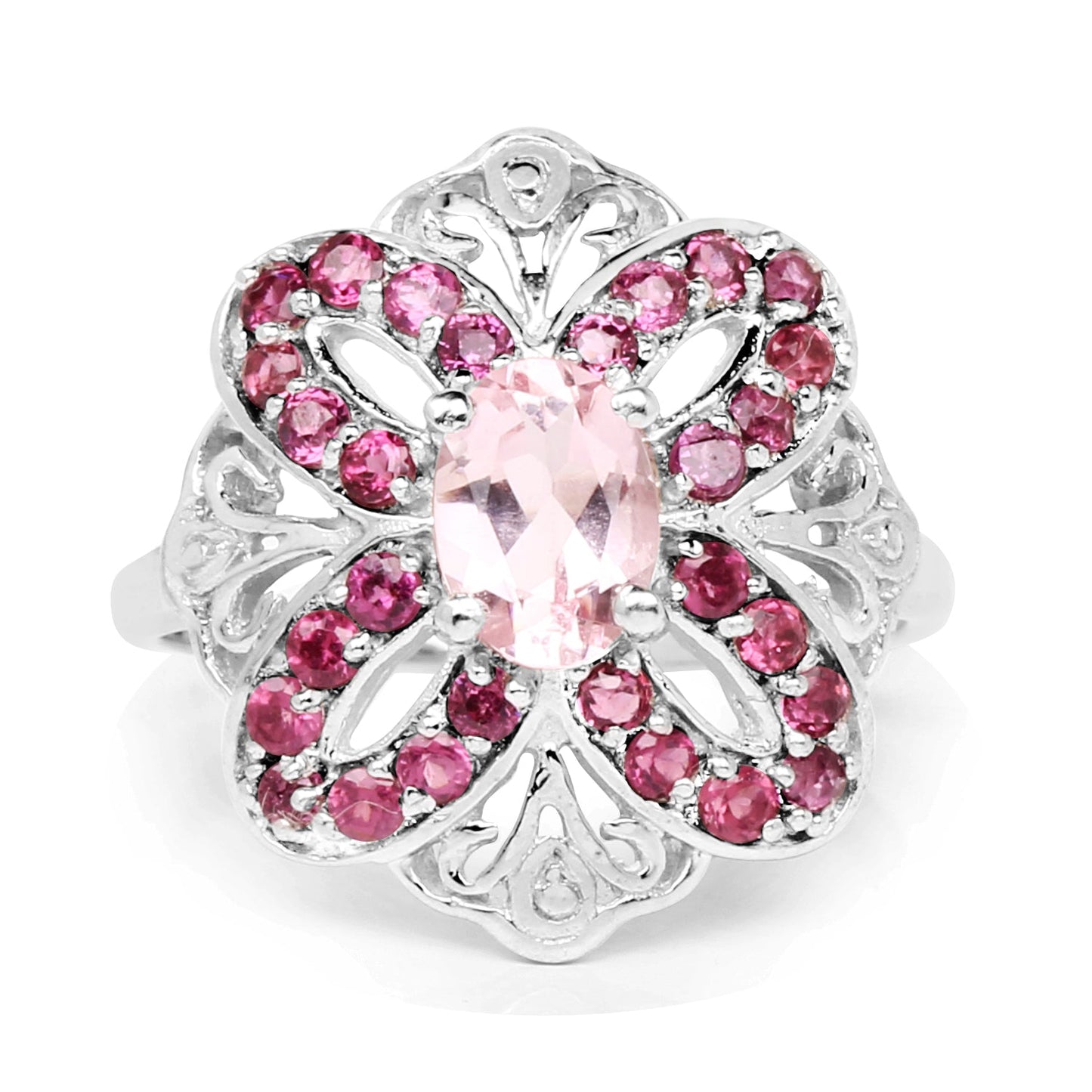 1.82 Carat Genuine Morganite & Rhodolite Sterling Silver Ring