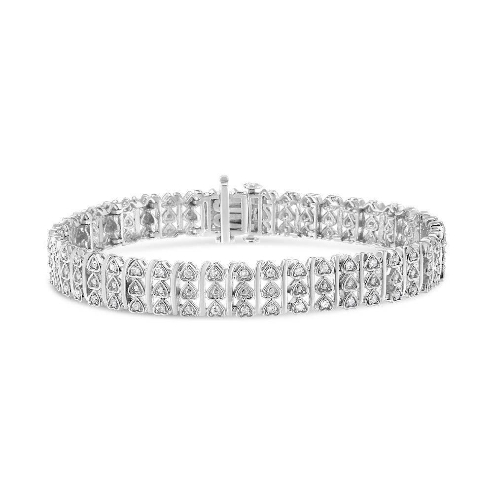 .925 Sterling Silver Diamond Multi Row Heart Link Bracelet - 7.25"