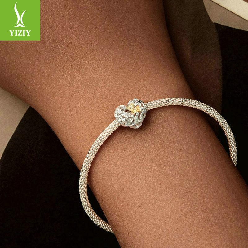 Silver Charm Ginkgo Leaf Splicing Love DIY Bracelet Beads Loose Beads Romantic Autumn Leaves s925 Pure Silver Beads - Korvel