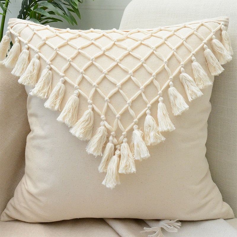 Tassels Cushion Cover 45x45cm Beige White Pillow Covers Decorative Pillow Case Square Home Boho Decor Macrame Pillowcase - Korvel