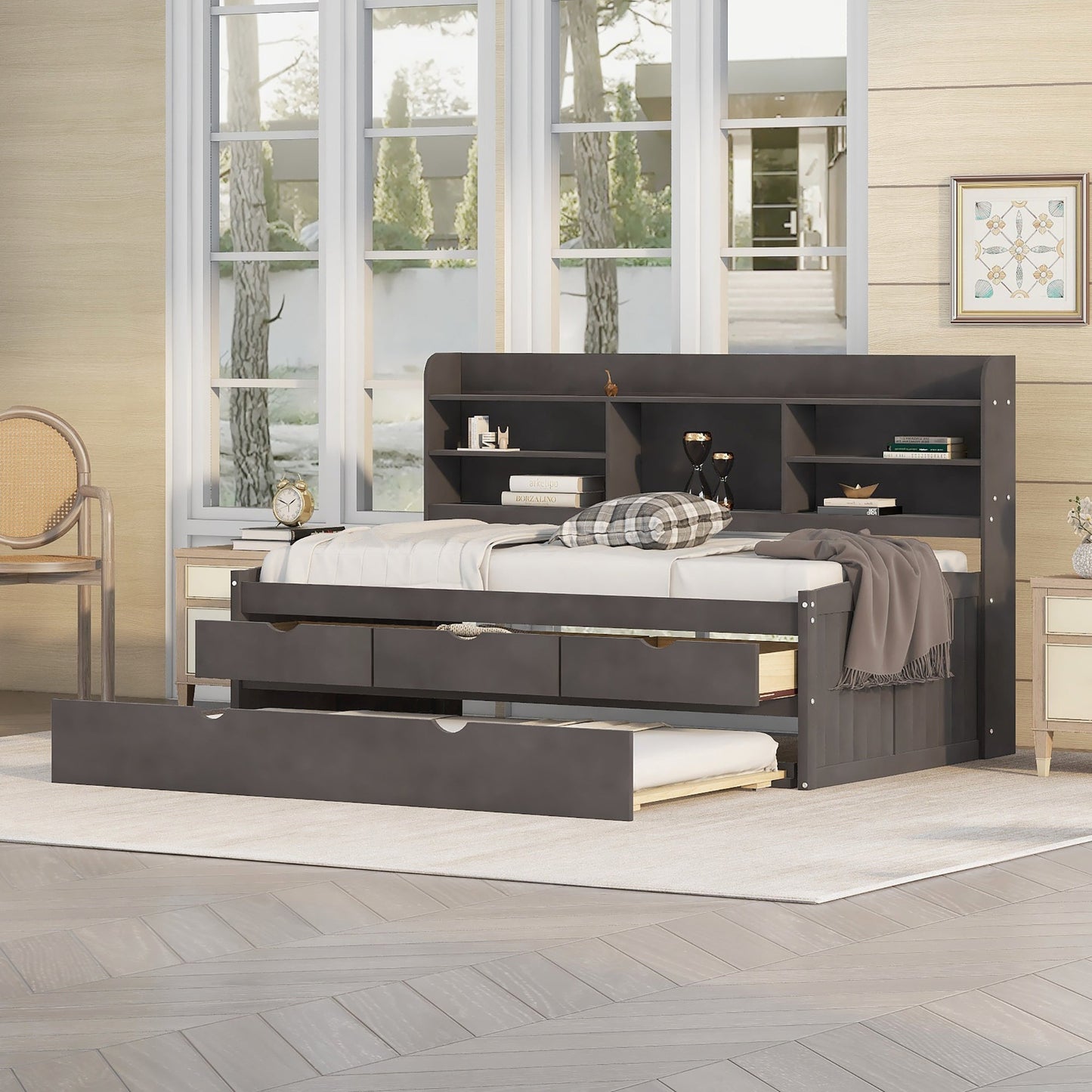 Twin Size Wooden Captain Bed with Storage and Trundle - Antique Gray