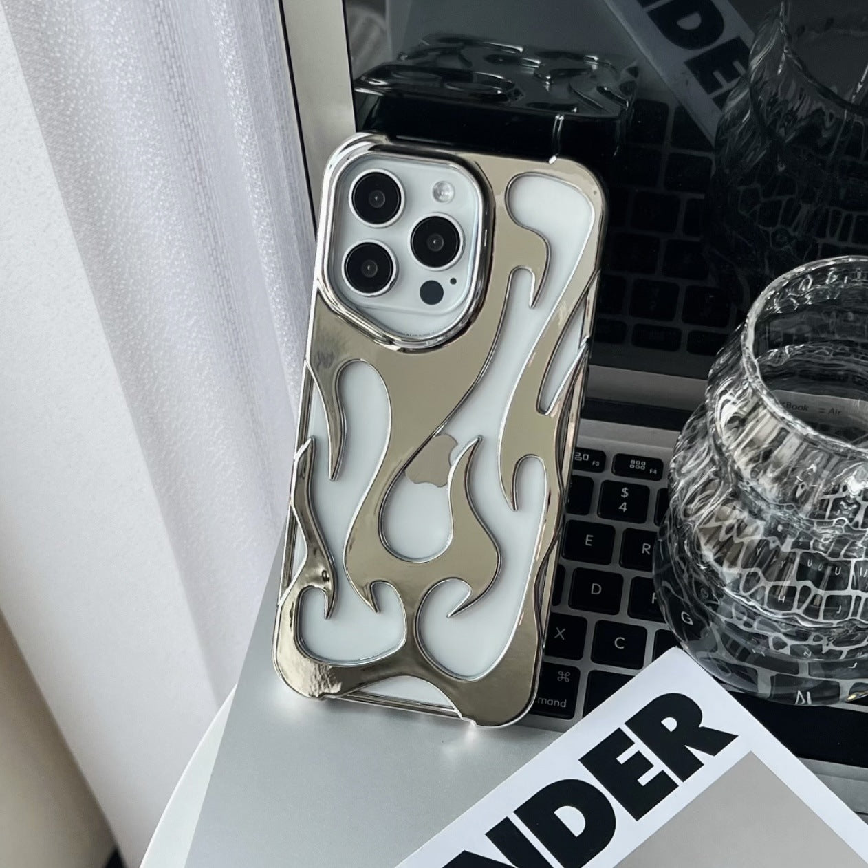 Electroplated hollow flame pattern phone case suitable for iPhone 15 Pro, simple all inclusive, Apple 14 anti drop protective cover - Korvel