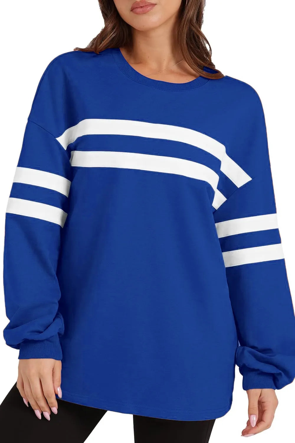 Lovelet Striped Round Neck Dropped Shoulder Sweatshirt - Korvel