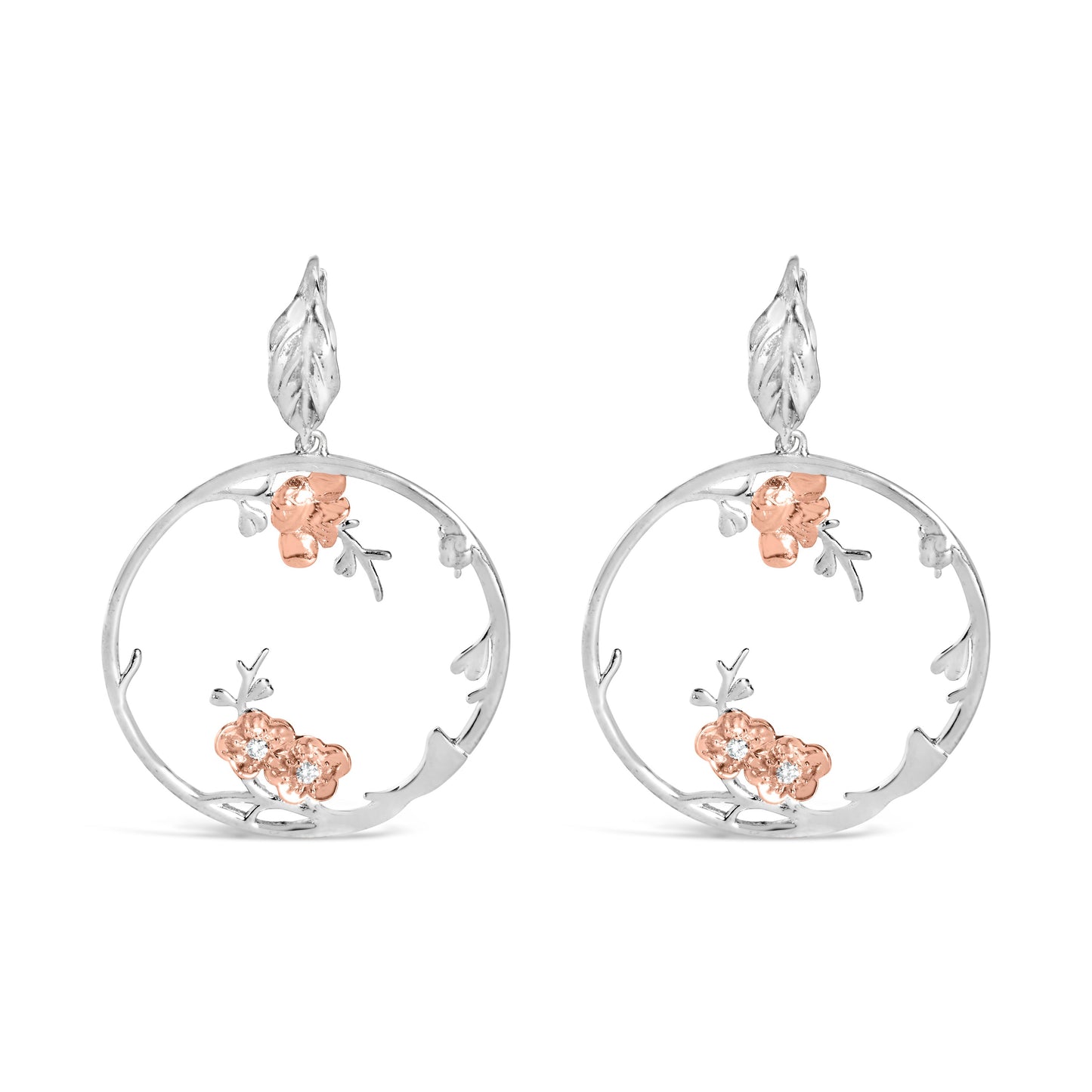 Rose Gold Plated Sterling Silver Floral Hoop Earrings with Diamonds