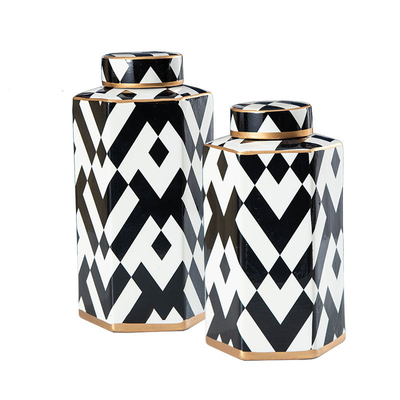 Geometric Black and White Striped Storage Jar Household Ceramic Candy Sealed Jar Vase Sundries Container Home Decoration - Korvel