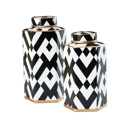 Geometric Black and White Striped Storage Jar Household Ceramic Candy Sealed Jar Vase Sundries Container Home Decoration - Korvel