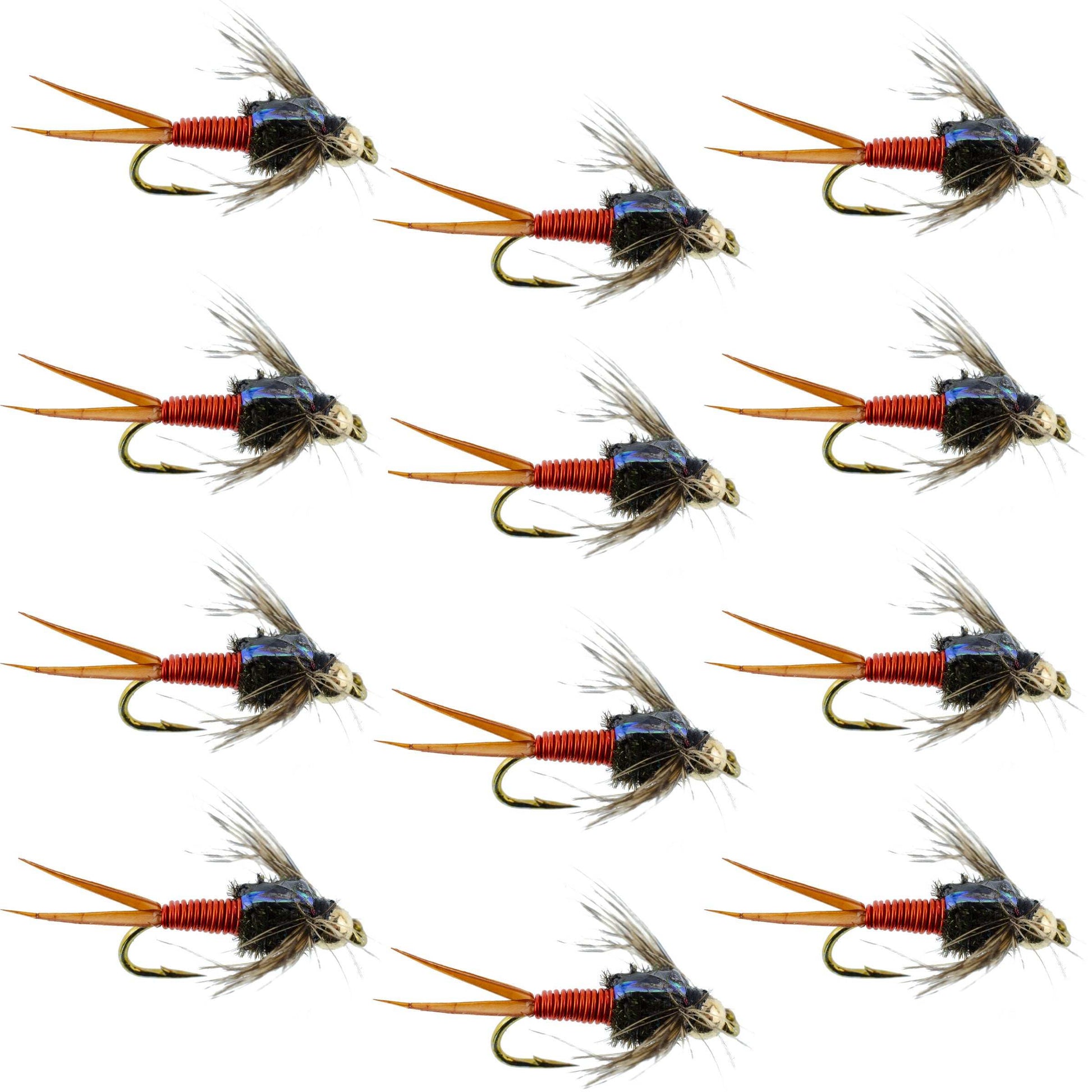 Copper John Nymph - Hot Orange Bead Head Flies - 12 Pack Size 10 - Korvel