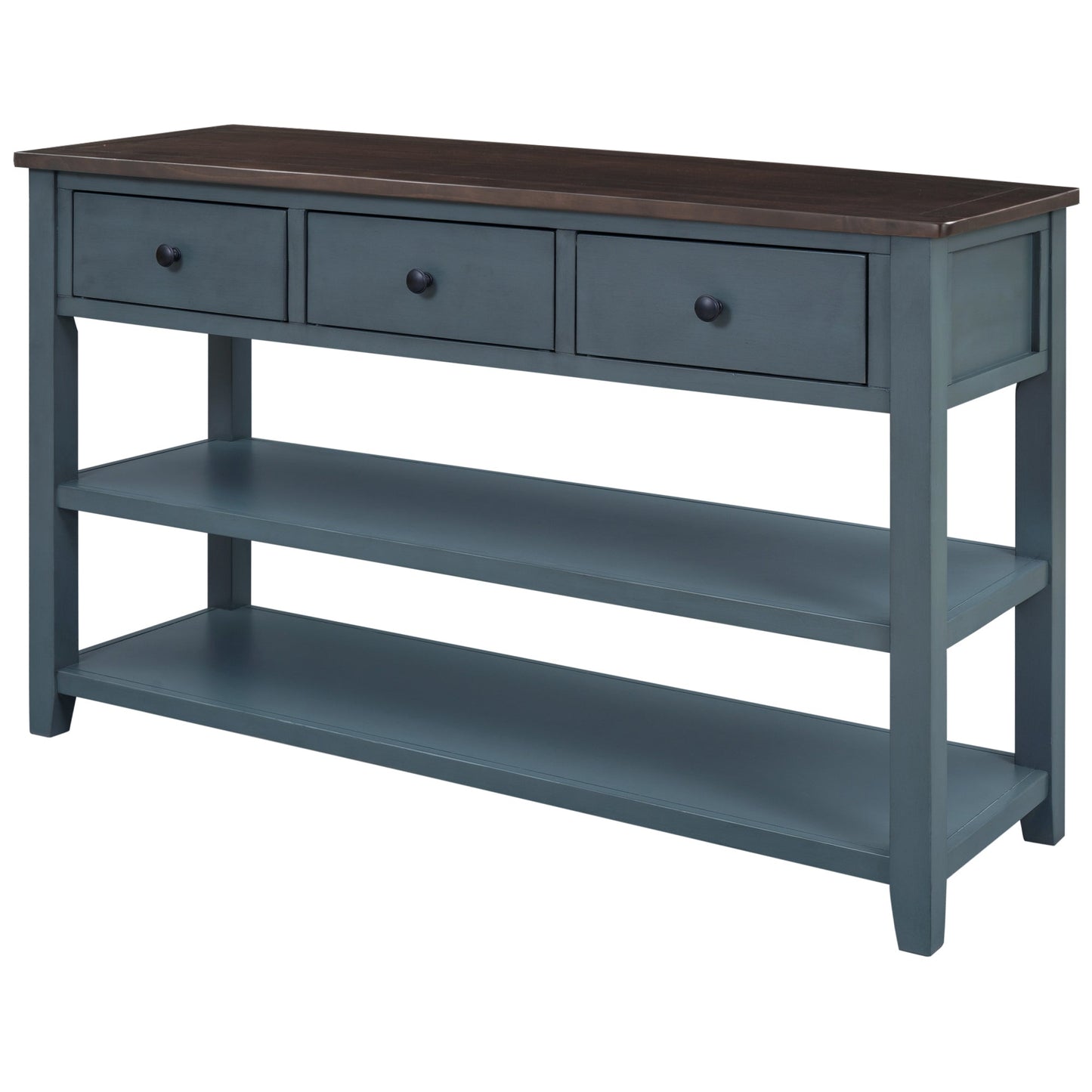 Retro Design Console Table with Two Open Shelves, Pine Solid Wood Frame and Legs for Living Room (Navy) - Korvel