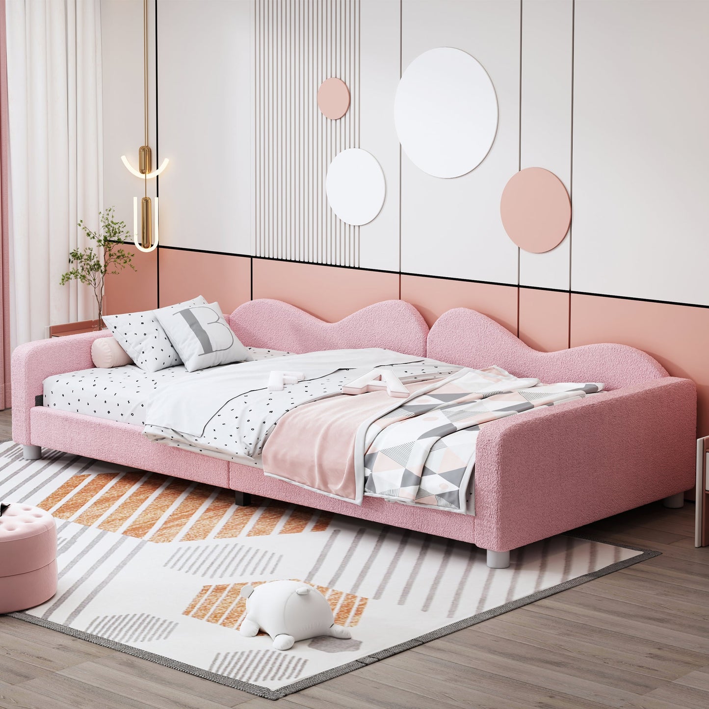 Twin size Upholstered Daybed, Sherpa Fabric Sofabed with Cloud-Shaped Backrest, No Box-spring Needed, Pink - Korvel