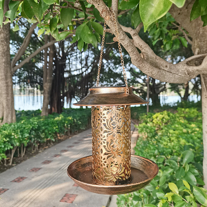 Outdoor solar powered lamp metal hanging bird feeder feeding and watering dual-purpose bird feeder decorative lamp - Korvel