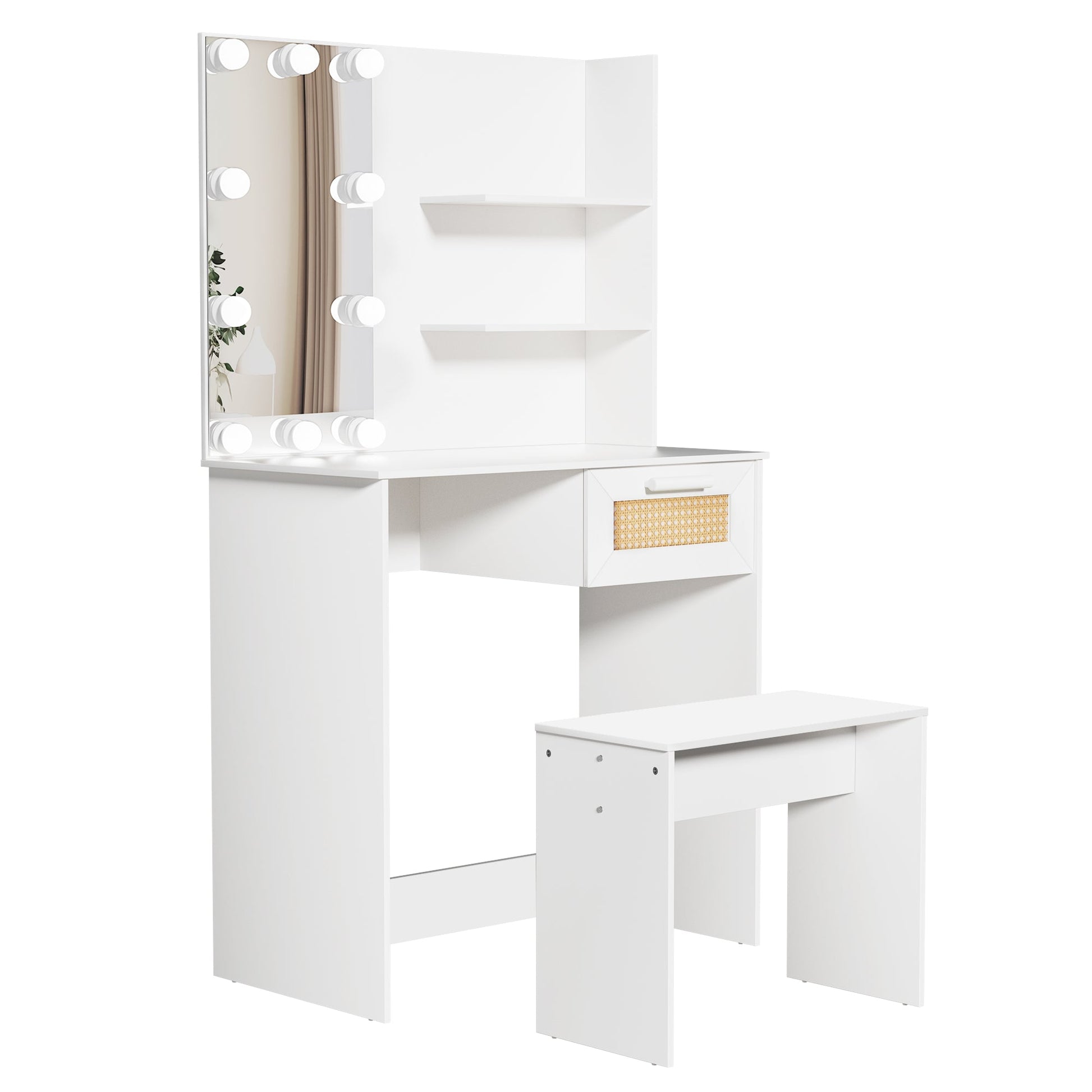 Vanity Desk Set Stool & Dressing Table with LED Lighting Mirror Drawer and Wood Cosmetic Table Chest of Drawers White Color - Korvel