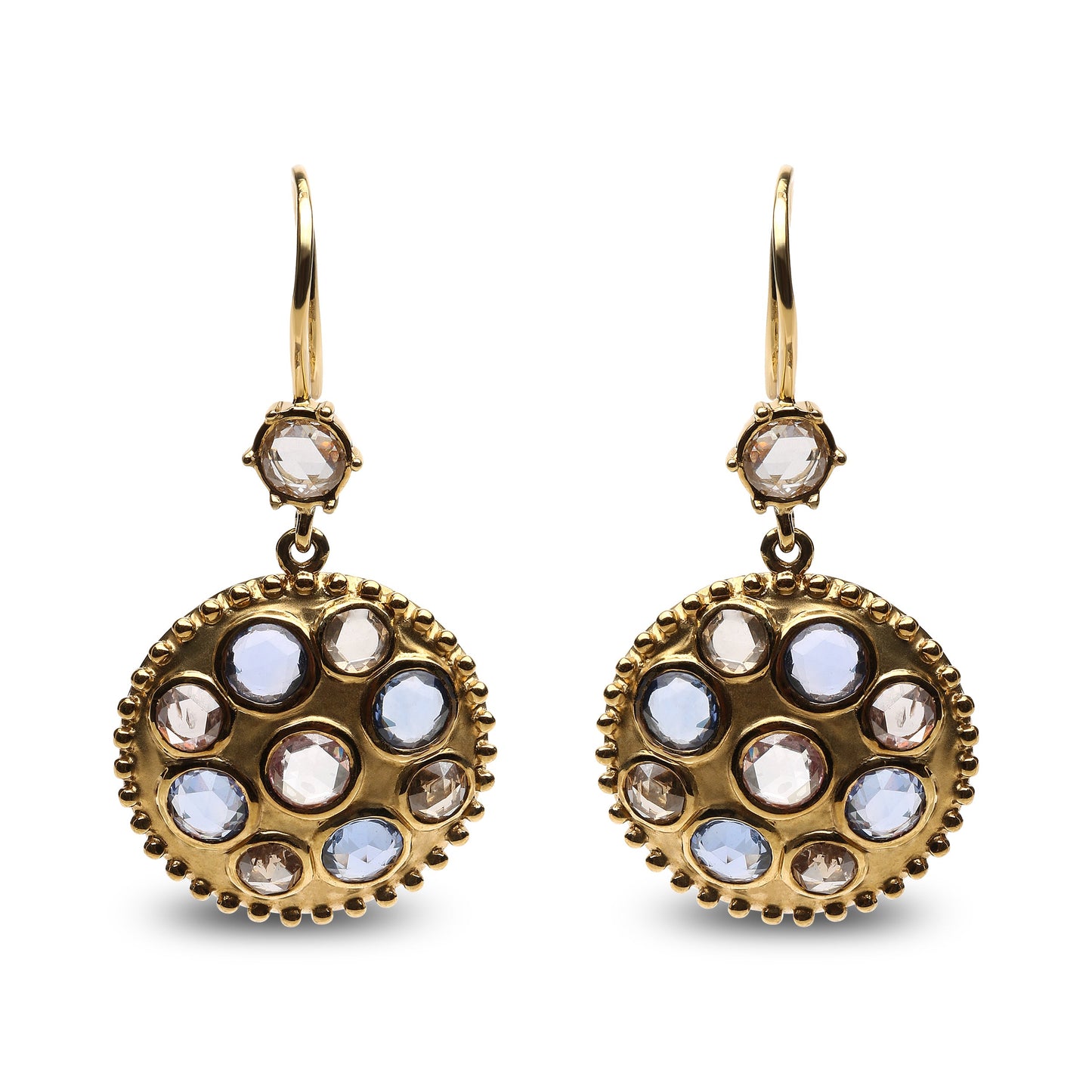 18K Yellow Gold Diamond and Blue Sapphire Dangle Earrings