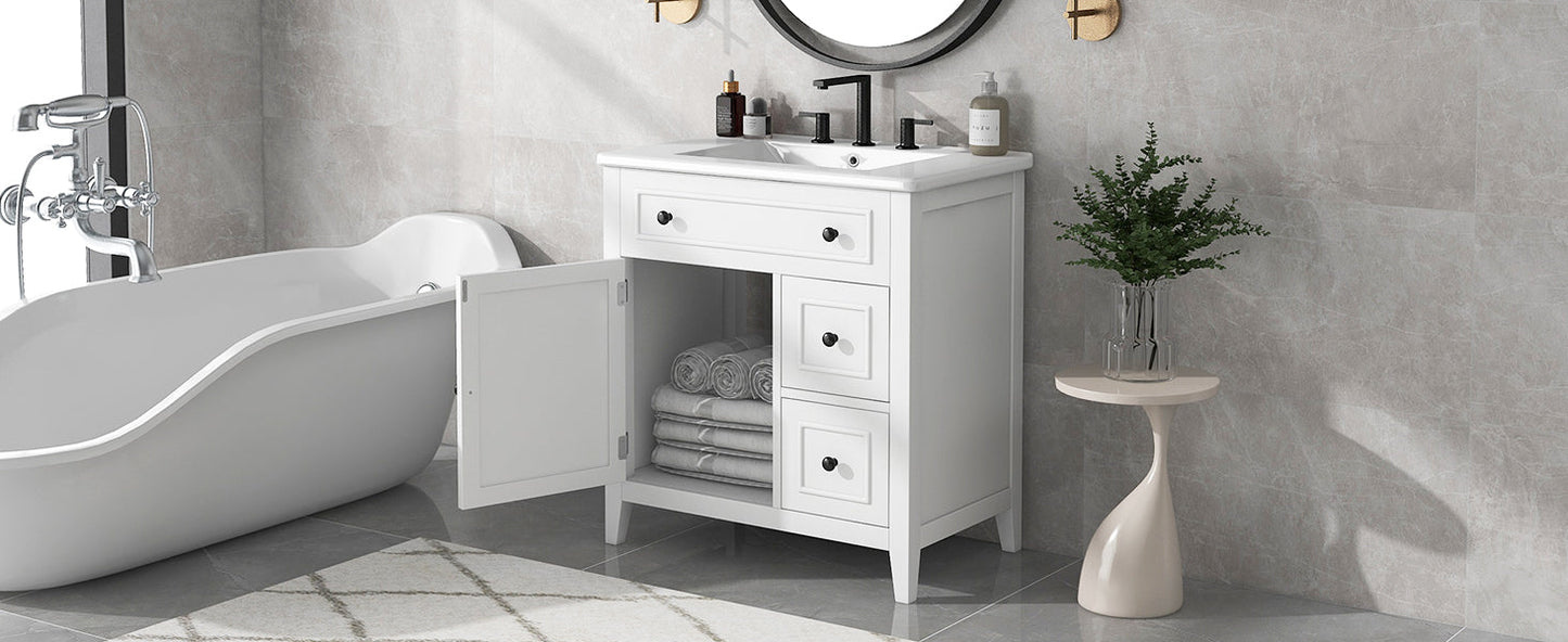 30" Bathroom Vanity with Sink Top, Bathroom Vanity Cabinet with Door and Two Drawers, Solid Wood Frame, One Package, White - Korvel