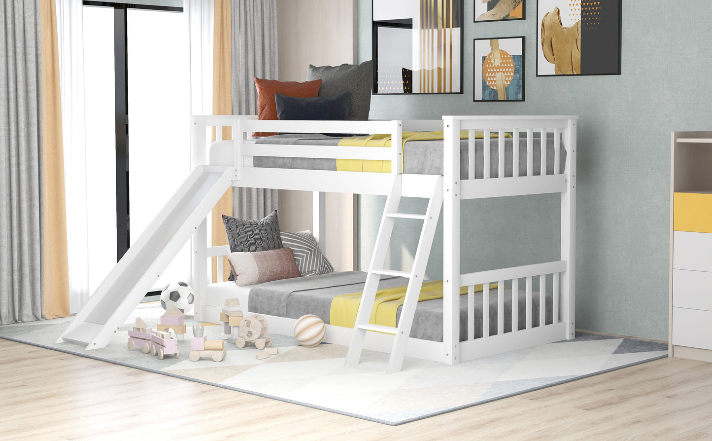 Twin Over Twin Bunk Bed with Convertible Slide and Ladder - White