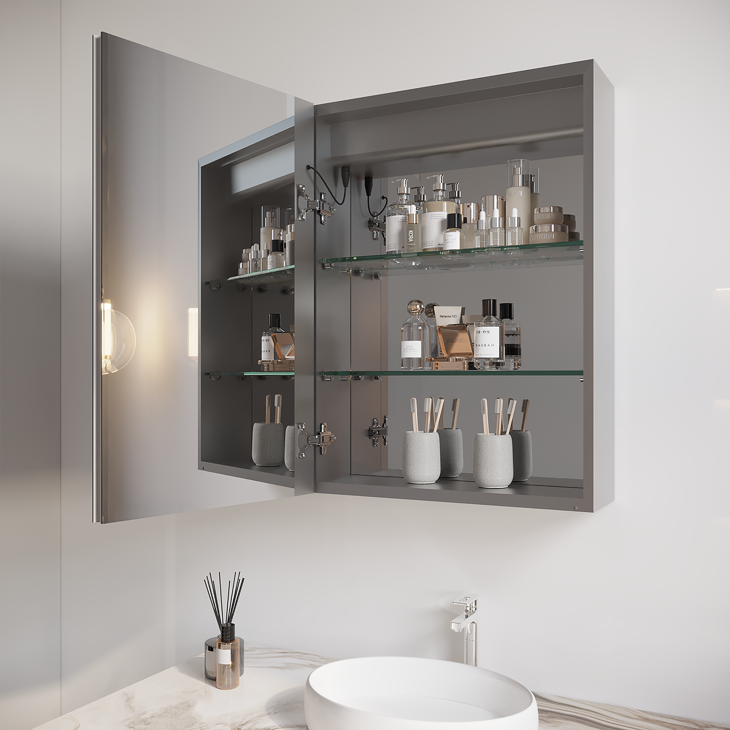 26x20 inch(Left Door) bathroom medicine cabinet with LED mirror 3000K~6000K single door lighting bathroom cabinet with touch switch adjusta - Korvel