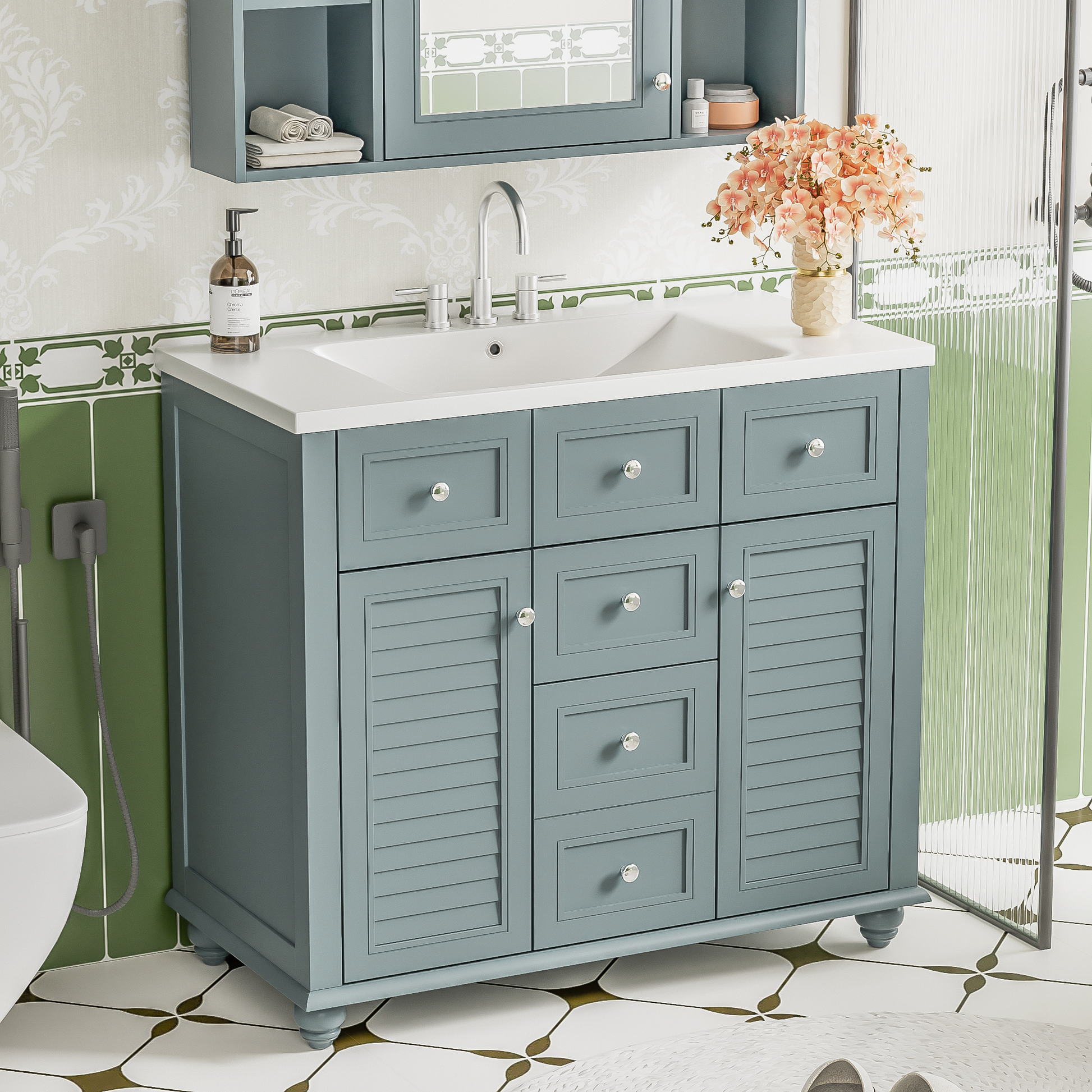 36 "bathroom makeup cabinet with resin sink combination and 2 drawers, with soft closing door, blue color - Korvel