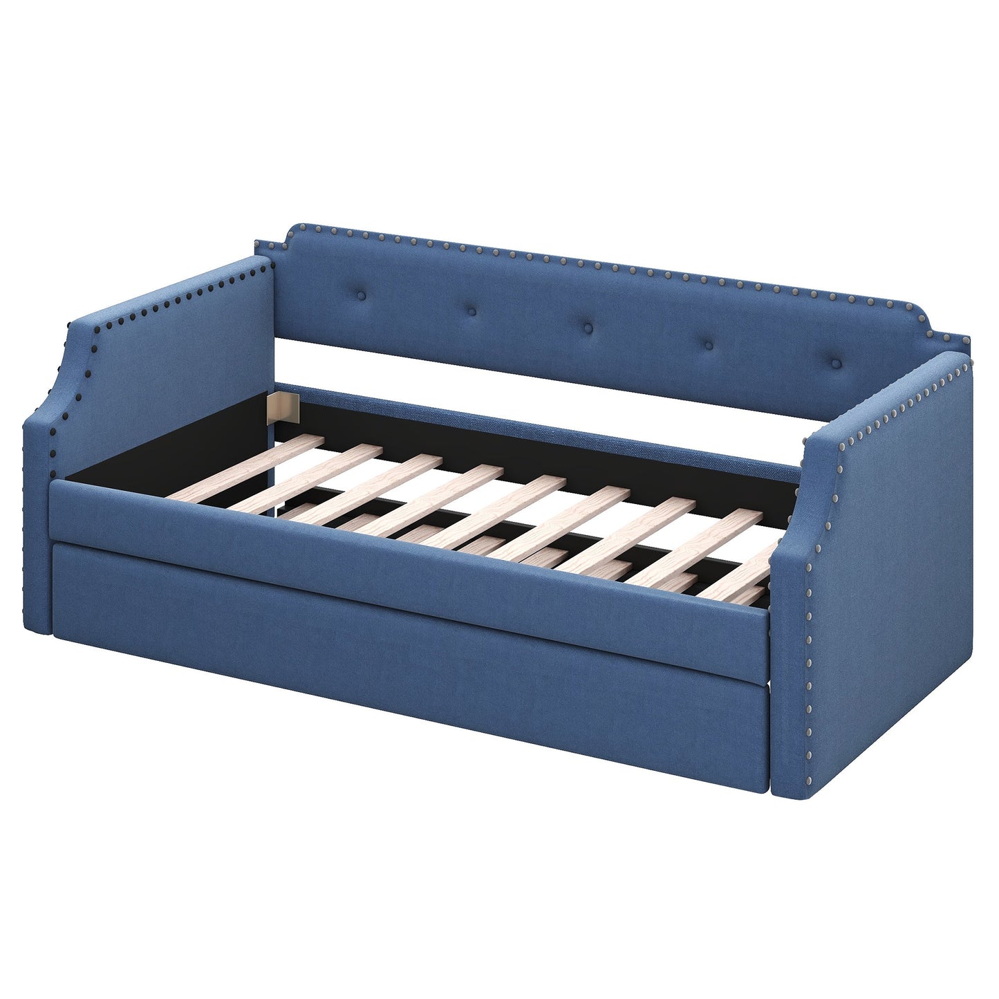 Upholstered Daybed with Trundle, Wood Slat Support,Upholstered Frame Sofa Bed Twin Blue - Korvel