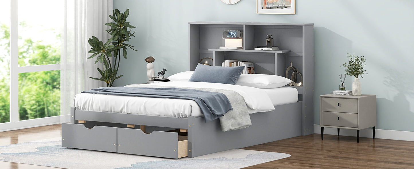 Full Size Platform Bed with Storage Headboard and 2 Drawers, Gray - Korvel