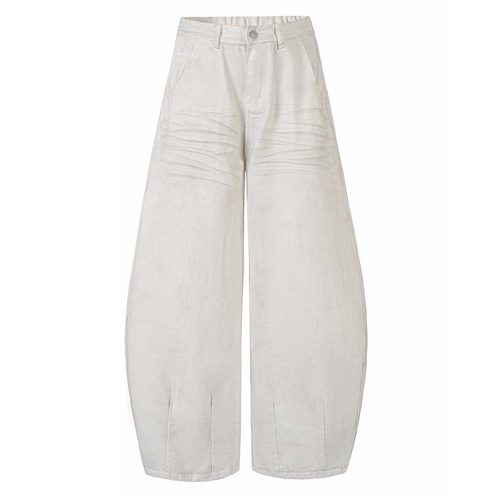 Distressed Denim Tapered Pants with Punk Pocket Design